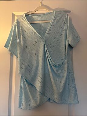 SHEIN Light Blue Eyelet Wrap-Style Short Sleeve Tunic